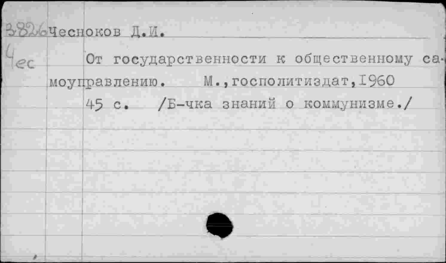 ﻿■ùb. -Чесноков Д.И.		
h i^C		От государственности к общественному са-
	моутГоавлению.	M., госполитиздат,1960	
		45 с. /Б-чка знаний о коммунизме./
		
		
		
		
		
		
/		